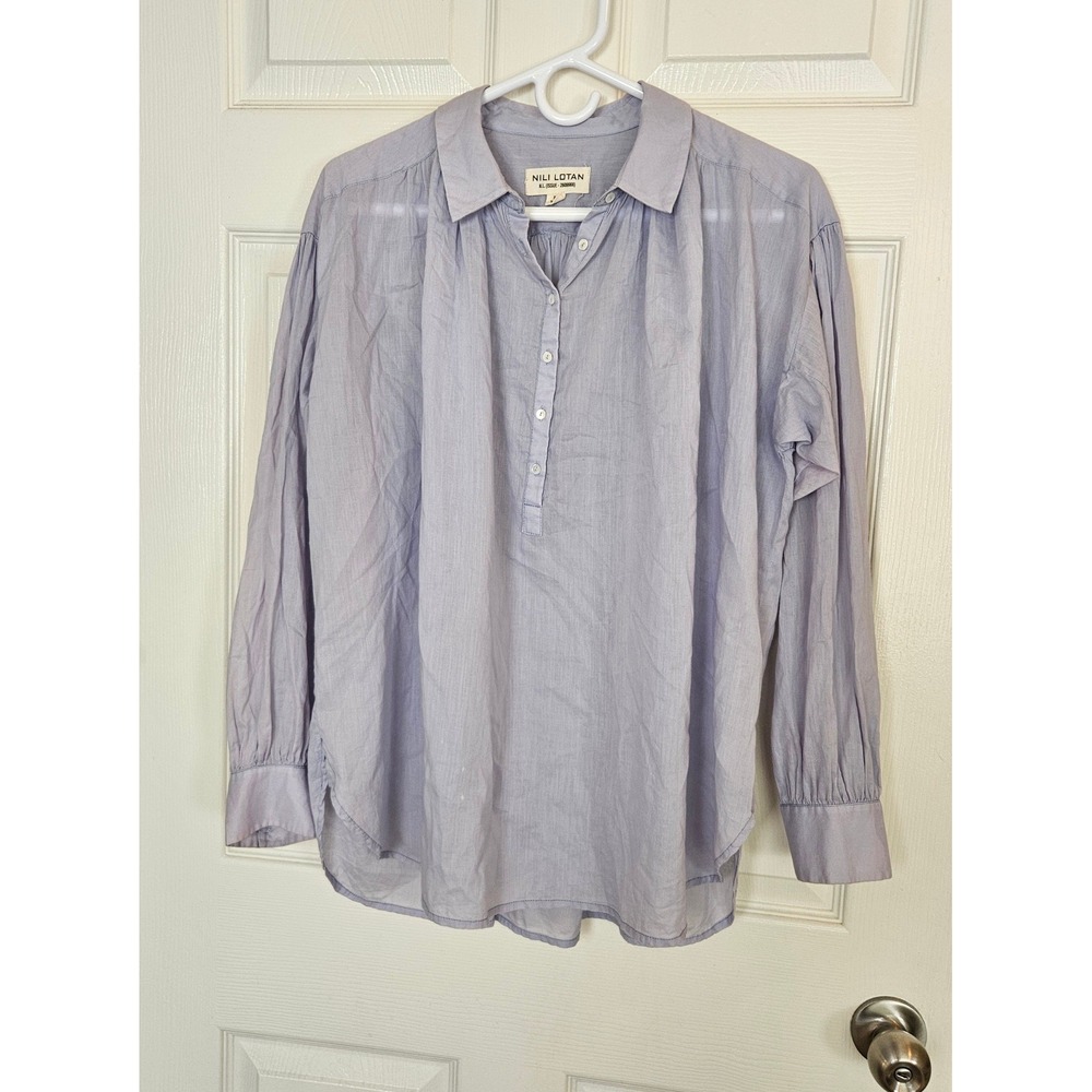 Nili Lotan NL Issue Cotton Popover Blouse Long Sleeve Lavender Blue XS Oversized